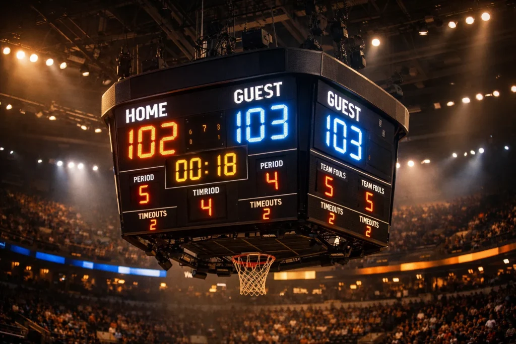 Scorebord in een basketbalarena toont een klein puntenverschil tussen twee teams