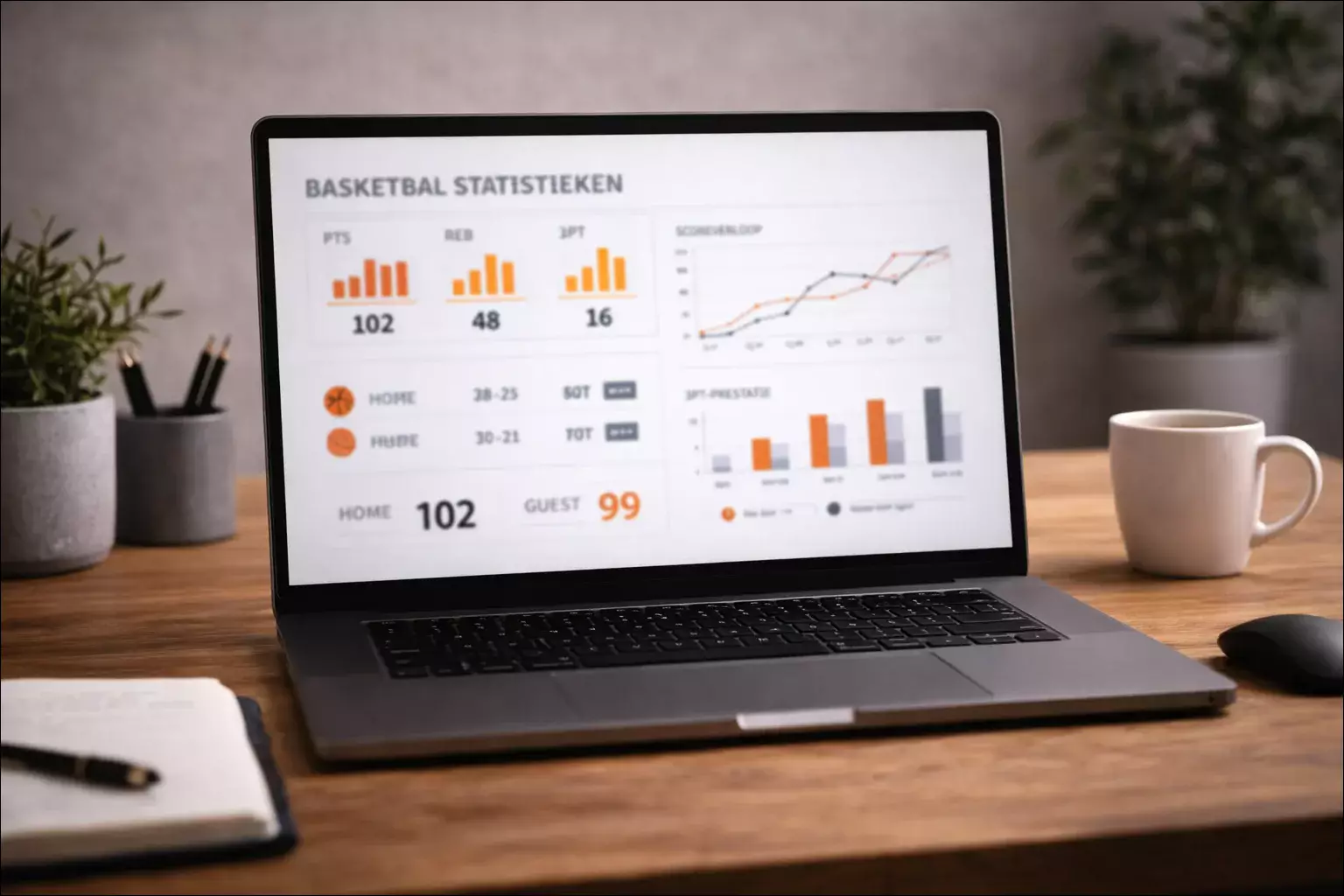 Laptop scherm met basketbalstatistieken en grafieken in een rustige werkomgeving