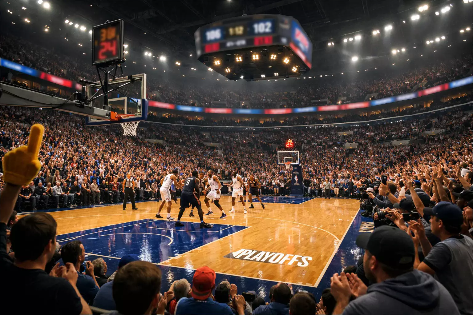 NBA arena tijdens de play-offs met opgewonden fans en felle verlichting