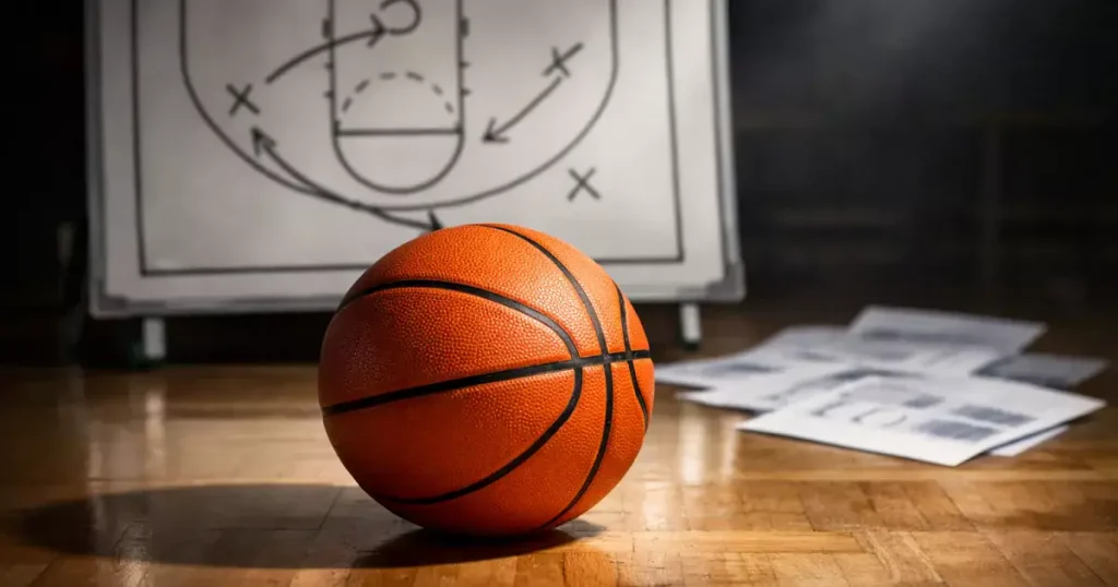 Basketbal op een parket met tactisch bord en analyse documenten op de achtergrond