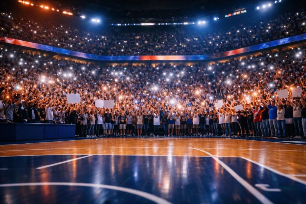 Enthousiast thuispubliek in een volle NBA-arena steunt hun team met licht en spandoeken