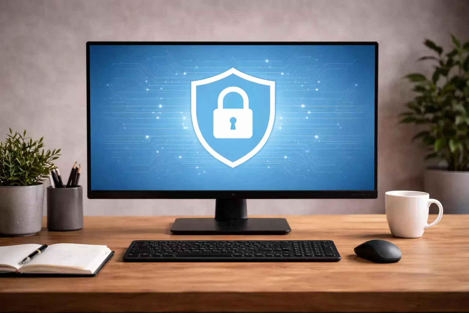 Slot symbool op een scherm met een rustige werkomgeving op de achtergrond