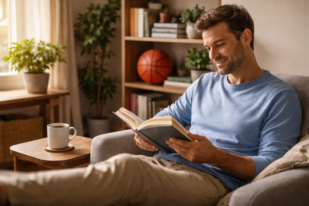 Persoon leest rustig een boek in een woonkamer met een basketbal op de achtergrond