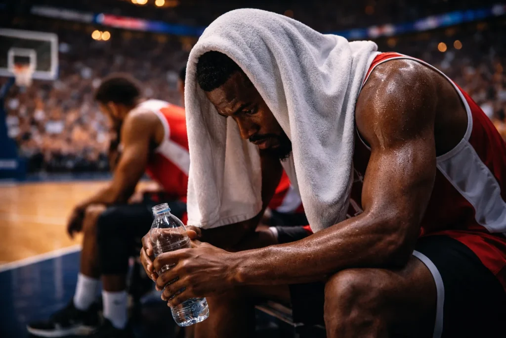 Vermoeide basketbalspeler rust op de bank tijdens een time-out met handdoek over zijn hoofd