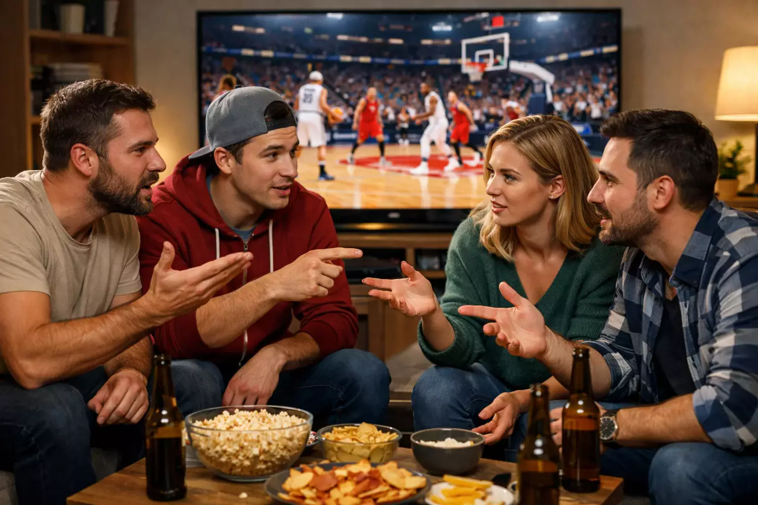 Groep vrienden kijkt naar een basketbalwedstrijd en bespreekt de actie